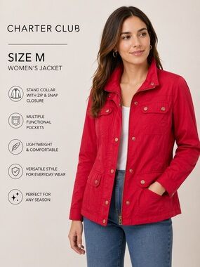 Charter Club Red Utility Jacket Women Size M Lightweight Snap Zip Coat